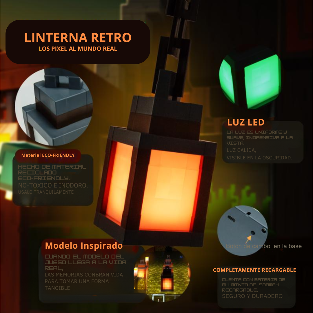 Luz nocturna portatil estilo Pixel-art inspirada en Minecraft